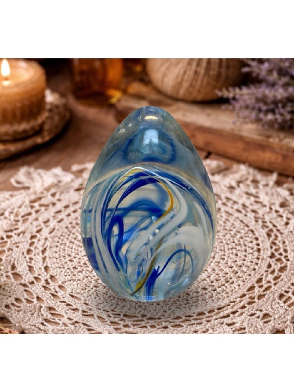 Wheaton Arts Village Egg Paperweight Blue White Ribbon Swirl - Picture 3 of 6